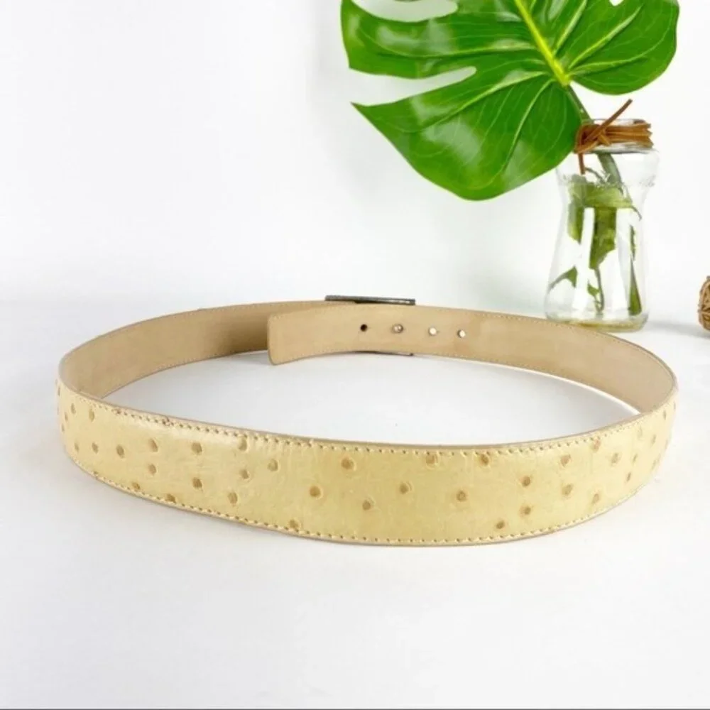 Escada‎ Womens Belt Size Small Tan Ostrich Full Quill Leather Rectangular Buckle